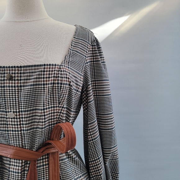 STAUD Plaid Mini Dress Size 8 Glen Check Gray Brown Faux Leather Minimalist Boho - Picture 8 of 16